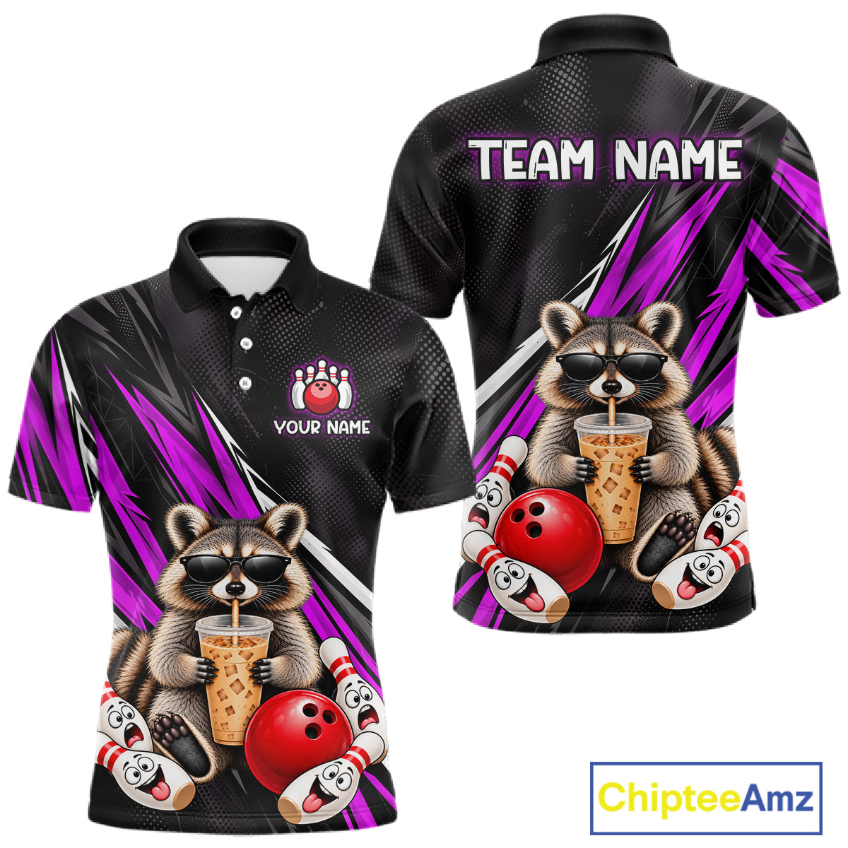 Purple Funny Raccoon Drinking Iced Coffee Bowling Shirt, Custom Bowling Team Shirts for Men HNT684