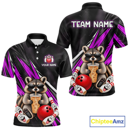 Purple Funny Raccoon Drinking Iced Coffee Bowling Shirt, Custom Bowling Team Shirts for Men HNT684
