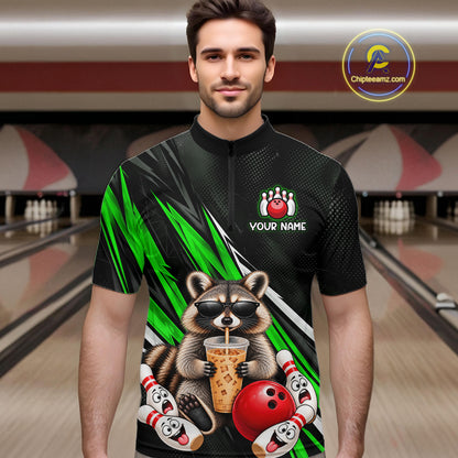 Green Funny Raccoon Drinking Iced Coffee Bowling Shirt, Custom Bowling Team Shirts for Men HNT684