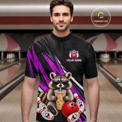 Purple Funny Raccoon Drinking Iced Coffee Bowling Shirt, Custom Bowling Team Shirts for Men HNT684