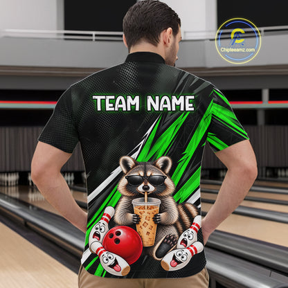 Green Funny Raccoon Drinking Iced Coffee Bowling Shirt, Custom Bowling Team Shirts for Men HNT684