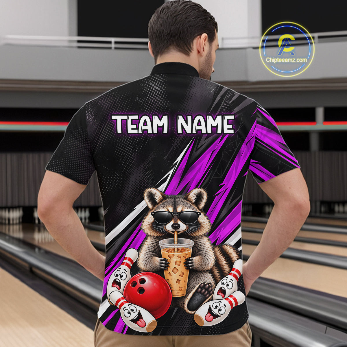 Purple Funny Raccoon Drinking Iced Coffee Bowling Shirt, Custom Bowling Team Shirts for Men HNT684