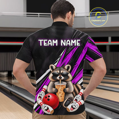 Purple Funny Raccoon Drinking Iced Coffee Bowling Shirt, Custom Bowling Team Shirts for Men HNT684