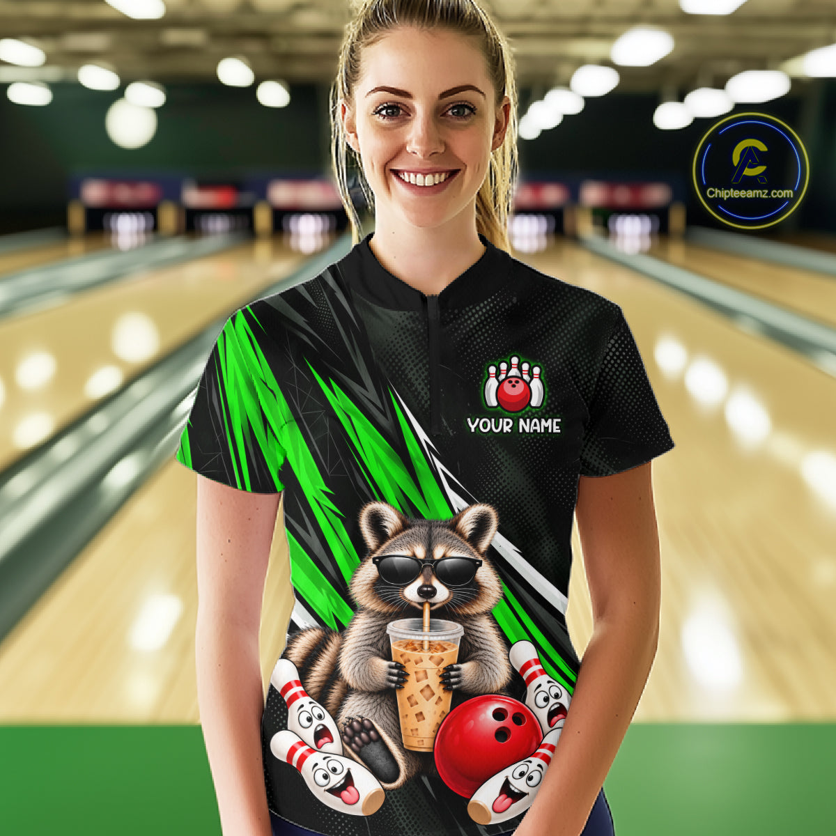 Green Funny Raccoon Drinking Iced Coffee Bowling Shirt, Custom Bowling Team Shirts for Women HNT684