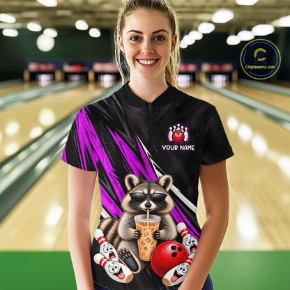 Purple Funny Raccoon Drinking Iced Coffee Bowling Shirt, Custom Bowling Team Shirts for Women HNT684