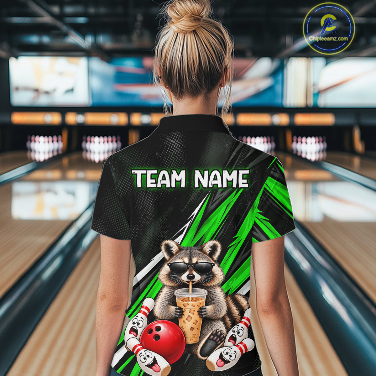 Green Funny Raccoon Drinking Iced Coffee Bowling Shirt, Custom Bowling Team Shirts for Women HNT684