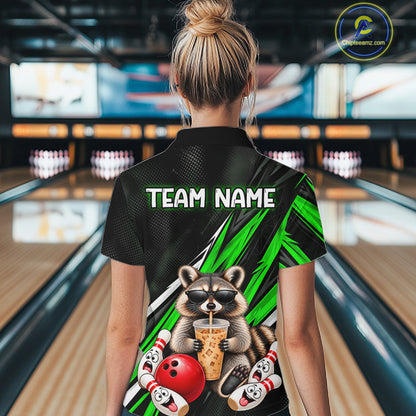 Green Funny Raccoon Drinking Iced Coffee Bowling Shirt, Custom Bowling Team Shirts for Women HNT684