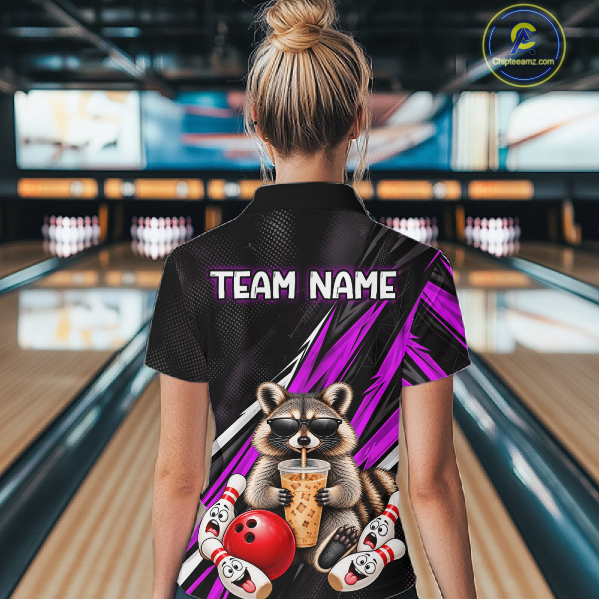 Purple Funny Raccoon Drinking Iced Coffee Bowling Shirt, Custom Bowling Team Shirts for Women HNT684