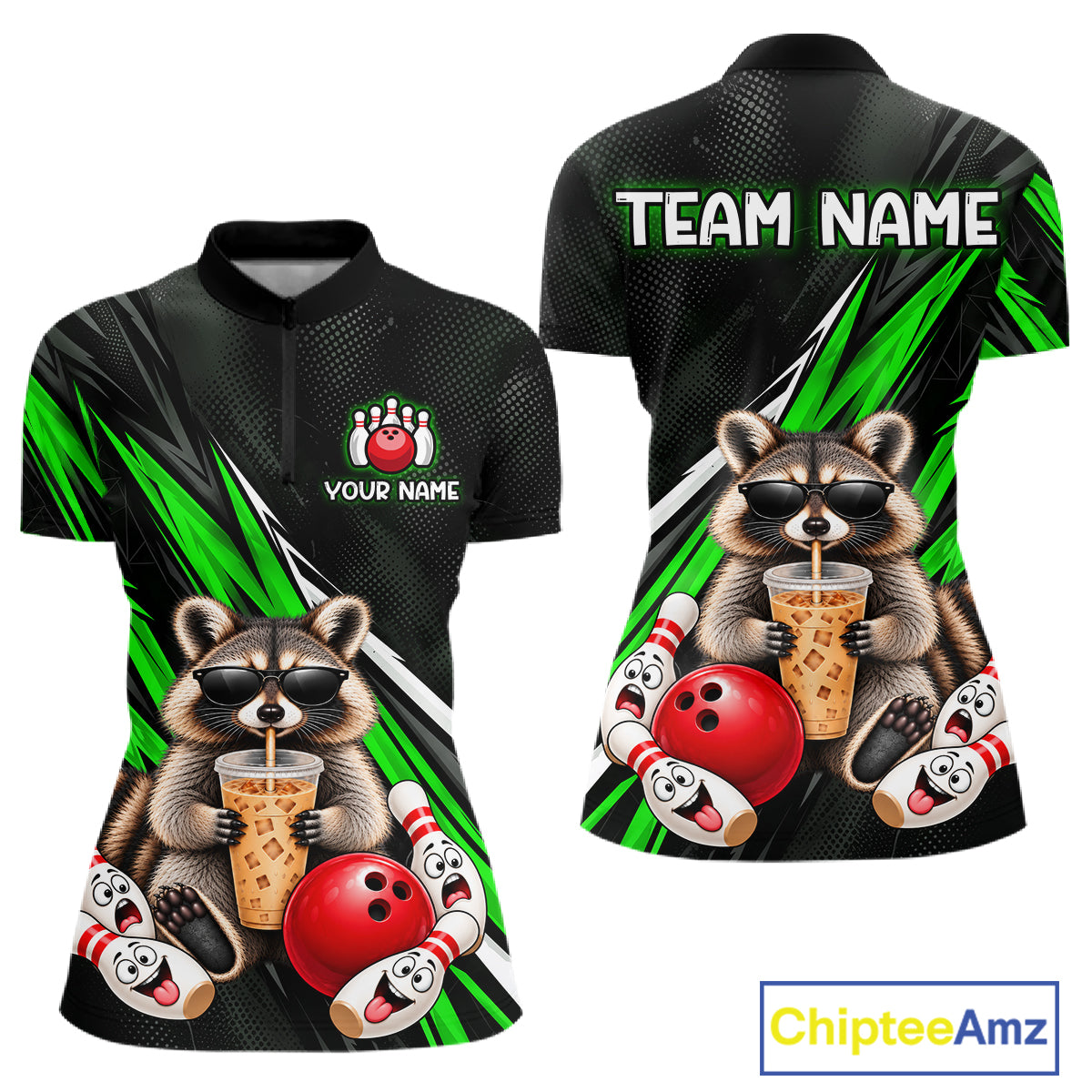 Green Funny Raccoon Drinking Iced Coffee Bowling Shirt, Custom Bowling Team Shirts for Women HNT684