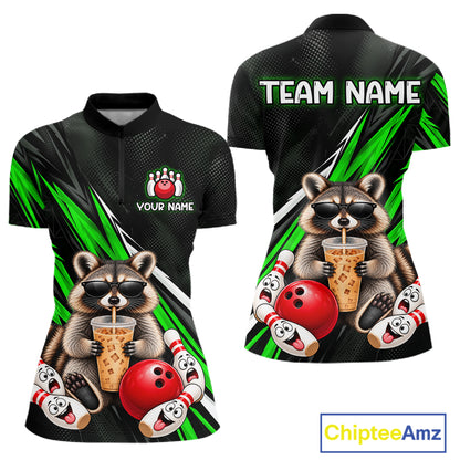 Green Funny Raccoon Drinking Iced Coffee Bowling Shirt, Custom Bowling Team Shirts for Women HNT684