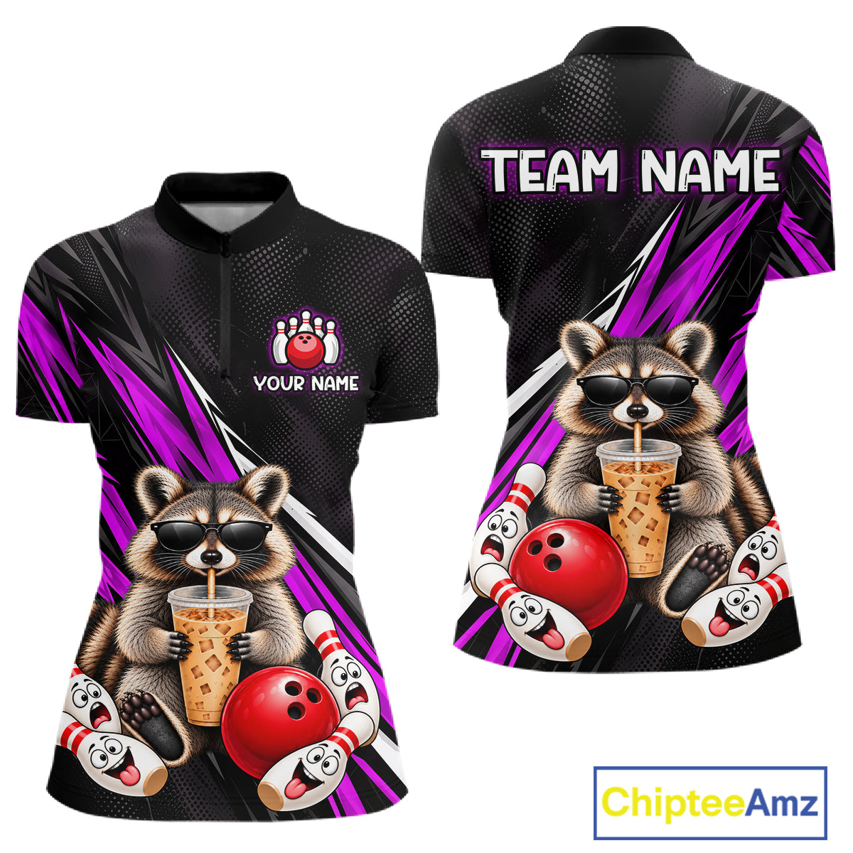 Purple Funny Raccoon Drinking Iced Coffee Bowling Shirt, Custom Bowling Team Shirts for Women HNT684