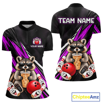 Purple Funny Raccoon Drinking Iced Coffee Bowling Shirt, Custom Bowling Team Shirts for Women HNT684