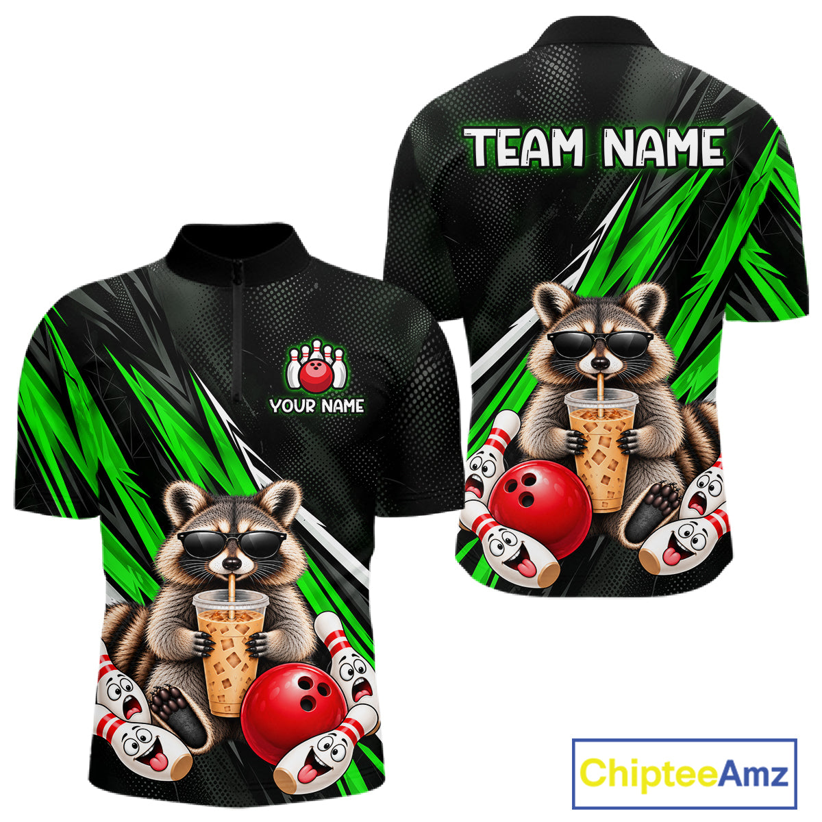 Green Funny Raccoon Drinking Iced Coffee Bowling Shirt, Custom Bowling Team Shirts for Men HNT684
