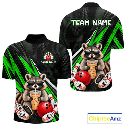 Green Funny Raccoon Drinking Iced Coffee Bowling Shirt, Custom Bowling Team Shirts for Men HNT684
