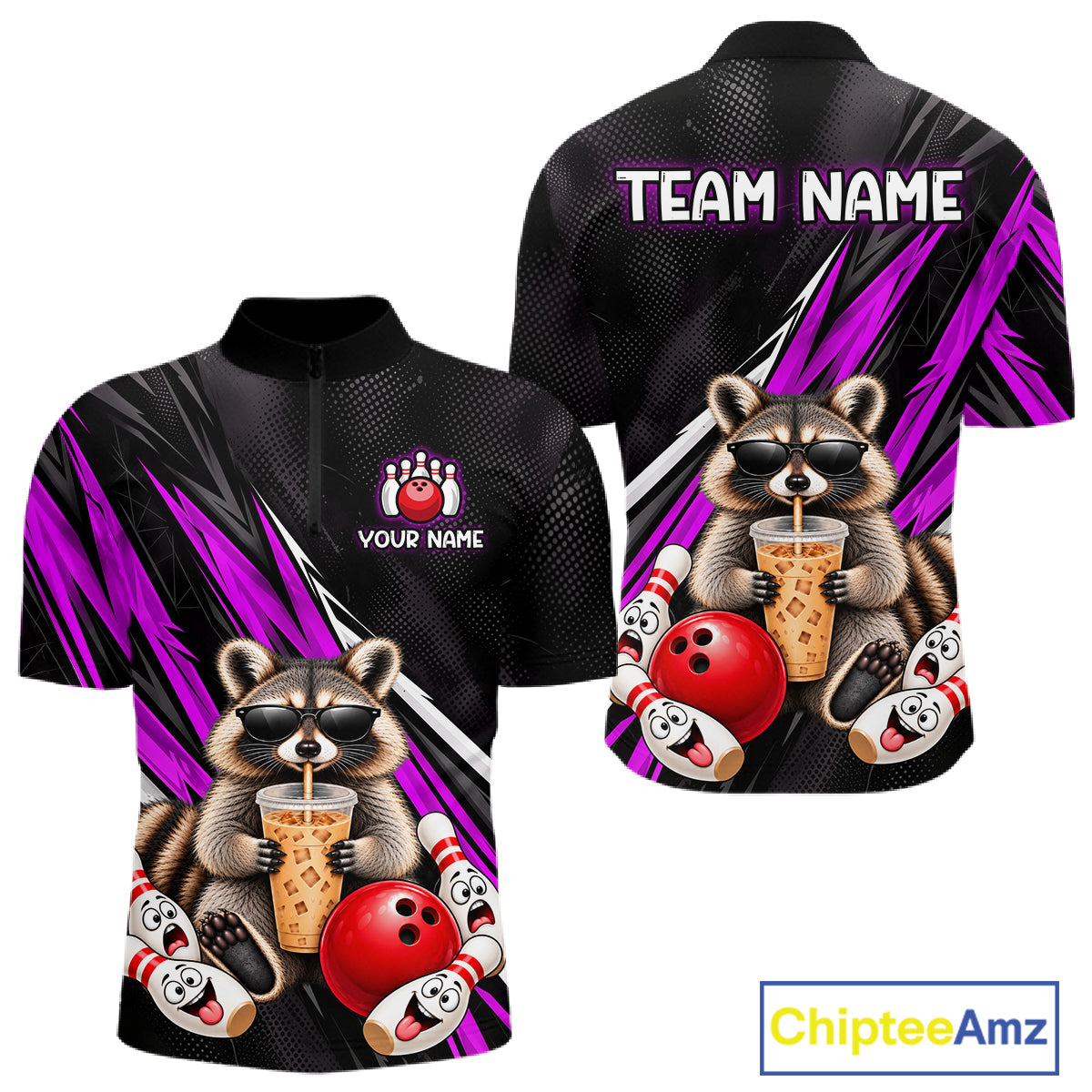 Purple Funny Raccoon Drinking Iced Coffee Bowling Shirt, Custom Bowling Team Shirts for Men HNT684