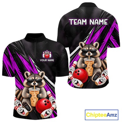 Purple Funny Raccoon Drinking Iced Coffee Bowling Shirt, Custom Bowling Team Shirts for Men HNT684