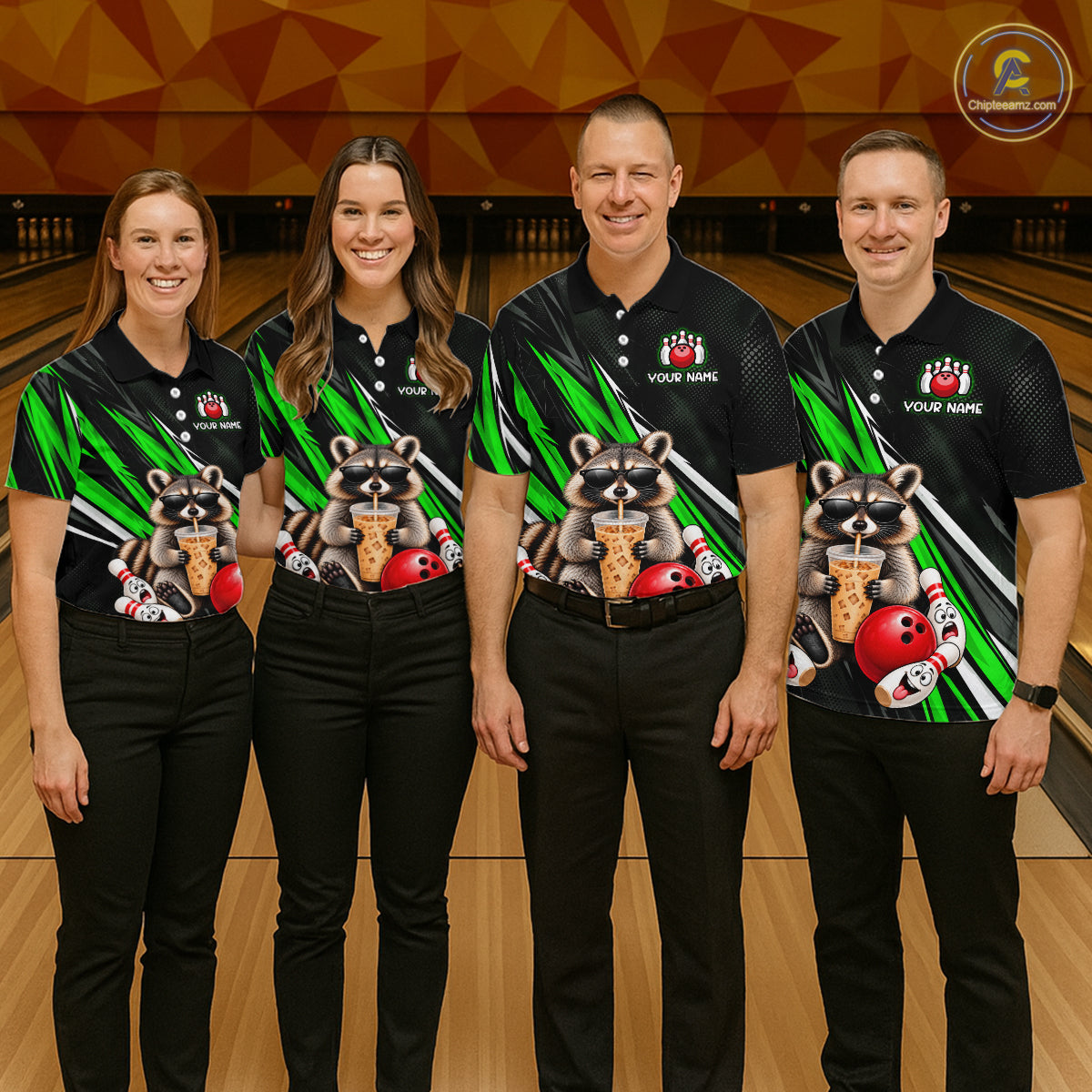 Green Funny Raccoon Drinking Iced Coffee Bowling Shirt, Custom Bowling Team Shirts for Men HNT684