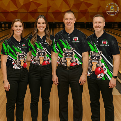 Green Funny Raccoon Drinking Iced Coffee Bowling Shirt, Custom Bowling Team Shirts for Women HNT684