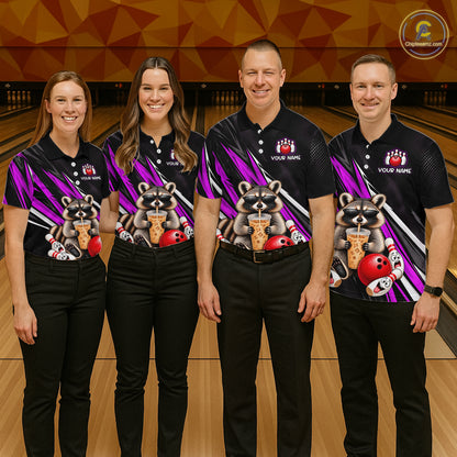 Purple Funny Raccoon Drinking Iced Coffee Bowling Shirt, Custom Bowling Team Shirts for Men HNT684