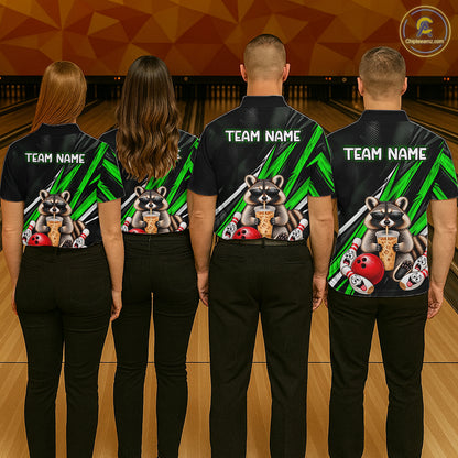 Green Funny Raccoon Drinking Iced Coffee Bowling Shirt, Custom Bowling Team Shirts for Men HNT684