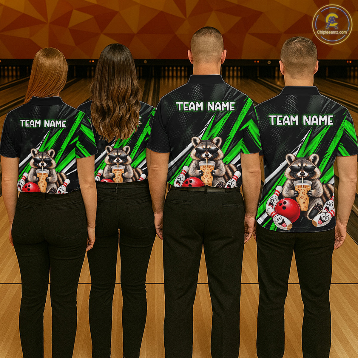Green Funny Raccoon Drinking Iced Coffee Bowling Shirt, Custom Bowling Team Shirts for Women HNT684
