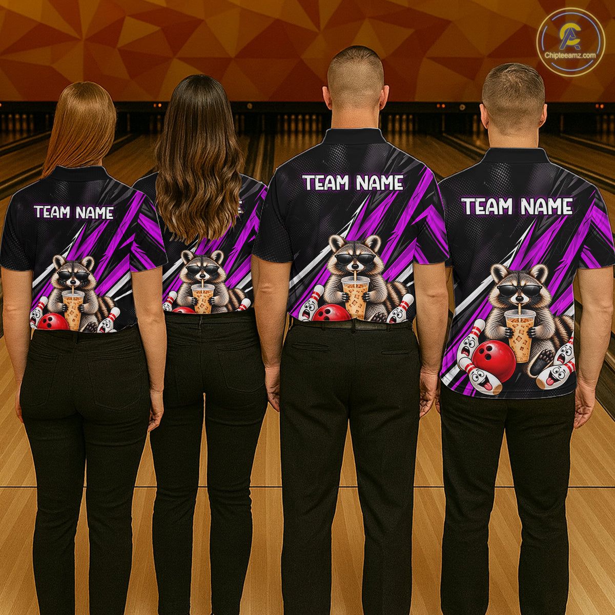 Purple Funny Raccoon Drinking Iced Coffee Bowling Shirt, Custom Bowling Team Shirts for Men HNT684