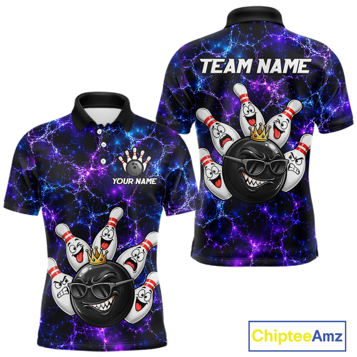 Purple Blue Funny Crown Bowling Ball and Pins Bowling Shirt, Bowling Team Shirts for Men HNT685