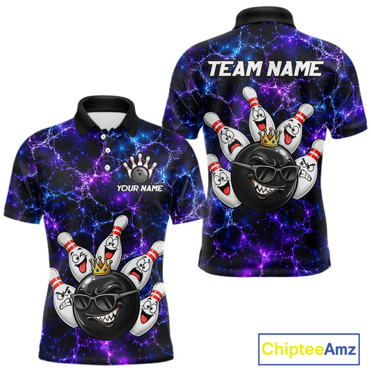 Purple Blue Funny Crown Bowling Ball and Pins Bowling Shirt, Bowling Team Shirts for Men HNT685