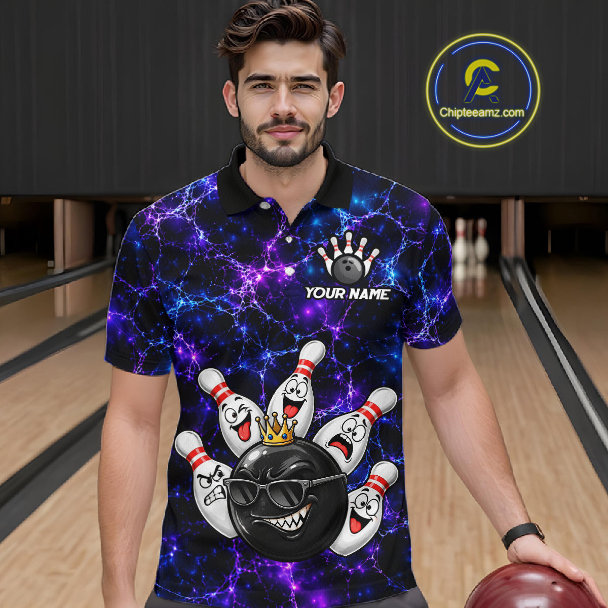 Purple Blue Funny Crown Bowling Ball and Pins Bowling Shirt, Bowling Team Shirts for Men HNT685