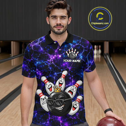 Purple Blue Funny Crown Bowling Ball and Pins Bowling Shirt, Bowling Team Shirts for Men HNT685