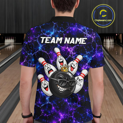 Purple Blue Funny Crown Bowling Ball and Pins Bowling Shirt, Bowling Team Shirts for Men HNT685