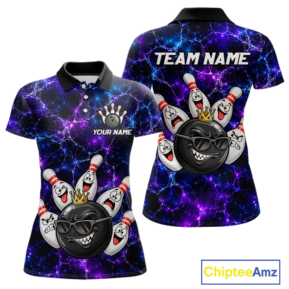 Purple Blue Funny Crown Bowling Ball and Pins Bowling Shirt, Bowling Team Shirts for Women HNT685