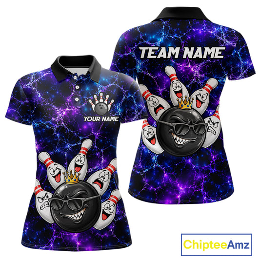 Purple Blue Funny Crown Bowling Ball and Pins Bowling Shirt, Bowling Team Shirts for Women HNT685