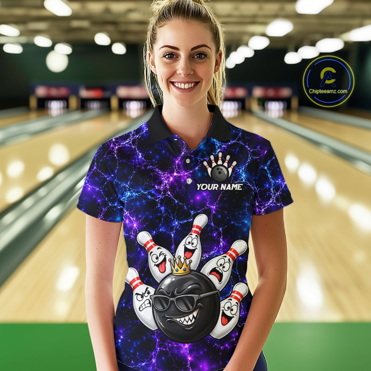 Purple Blue Funny Crown Bowling Ball and Pins Bowling Shirt, Bowling Team Shirts for Women HNT685
