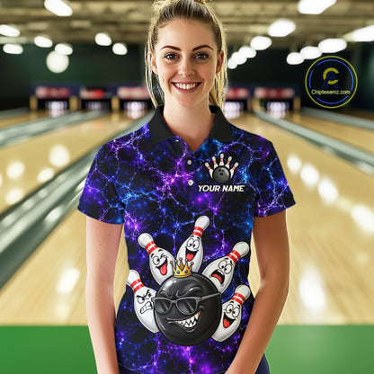 Purple Blue Funny Crown Bowling Ball and Pins Bowling Shirt, Bowling Team Shirts for Women HNT685