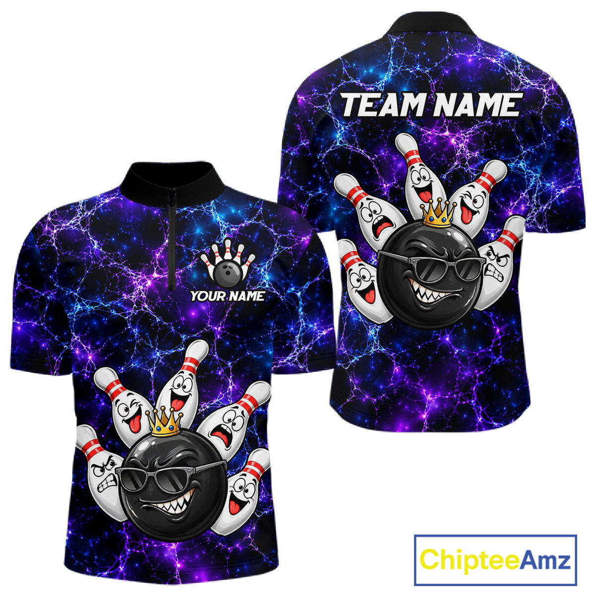 Purple Blue Funny Crown Bowling Ball and Pins Bowling Shirt, Bowling Team Shirts for Men HNT685