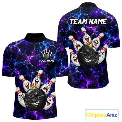 Purple Blue Funny Crown Bowling Ball and Pins Bowling Shirt, Bowling Team Shirts for Men HNT685