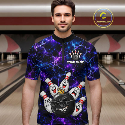 Purple Blue Funny Crown Bowling Ball and Pins Bowling Shirt, Bowling Team Shirts for Men HNT685