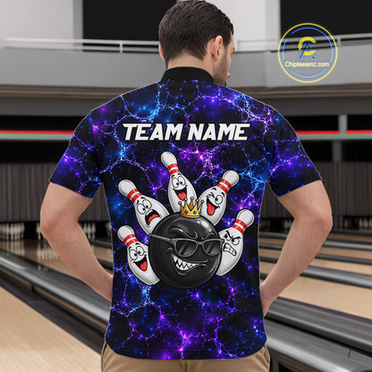 Purple Blue Funny Crown Bowling Ball and Pins Bowling Shirt, Bowling Team Shirts for Men HNT685