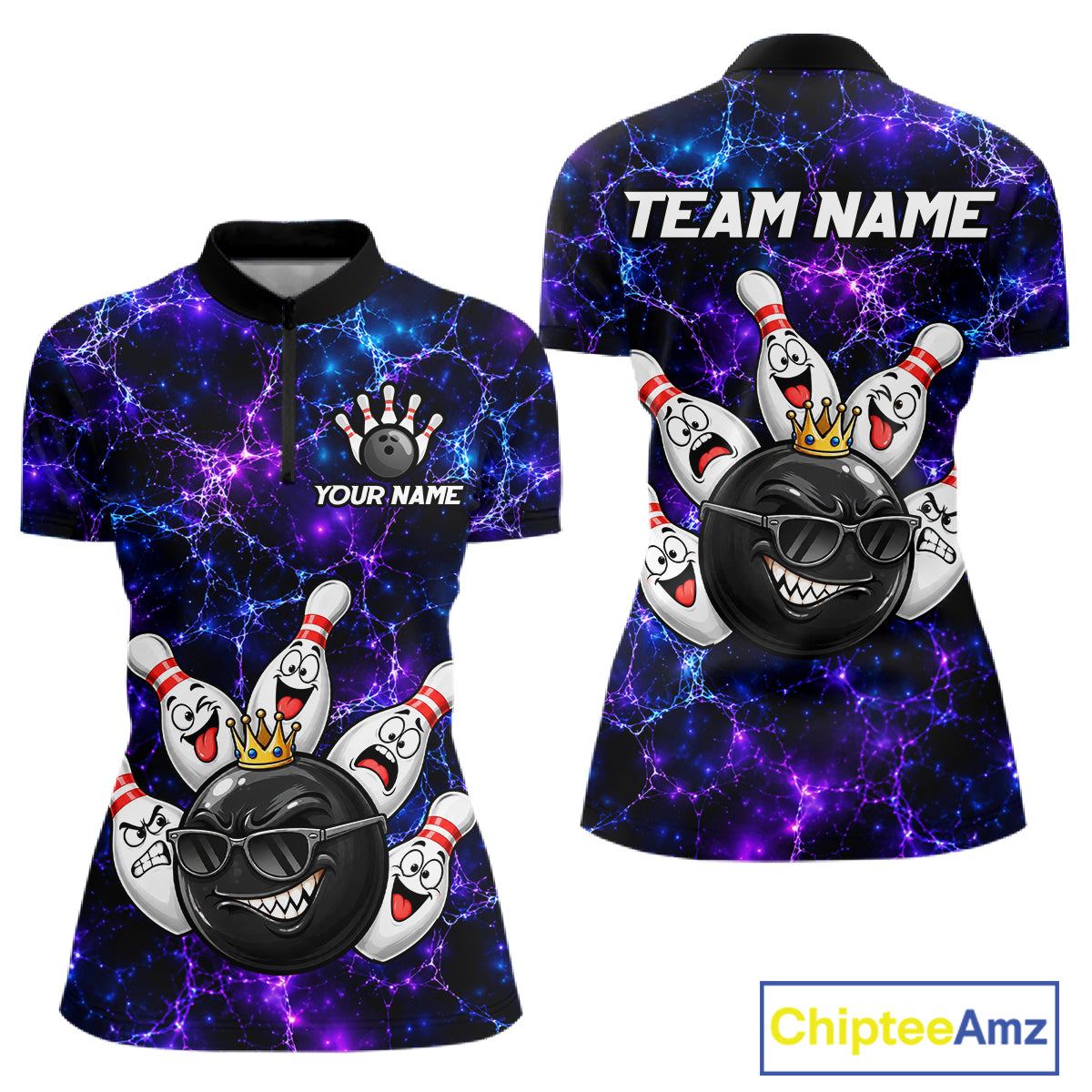 Purple Blue Funny Crown Bowling Ball and Pins Bowling Shirt, Bowling Team Shirts for Women HNT685
