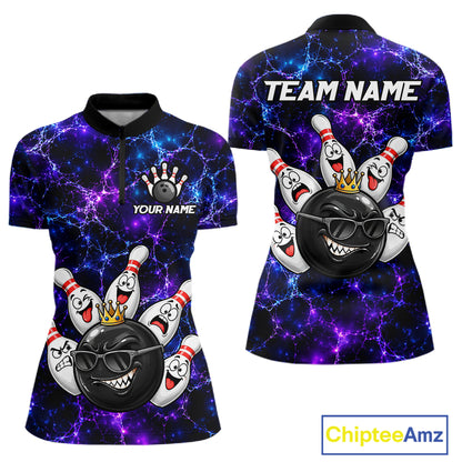 Purple Blue Funny Crown Bowling Ball and Pins Bowling Shirt, Bowling Team Shirts for Women HNT685
