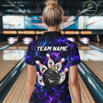 Purple Blue Funny Crown Bowling Ball and Pins Bowling Shirt, Bowling Team Shirts for Women HNT685