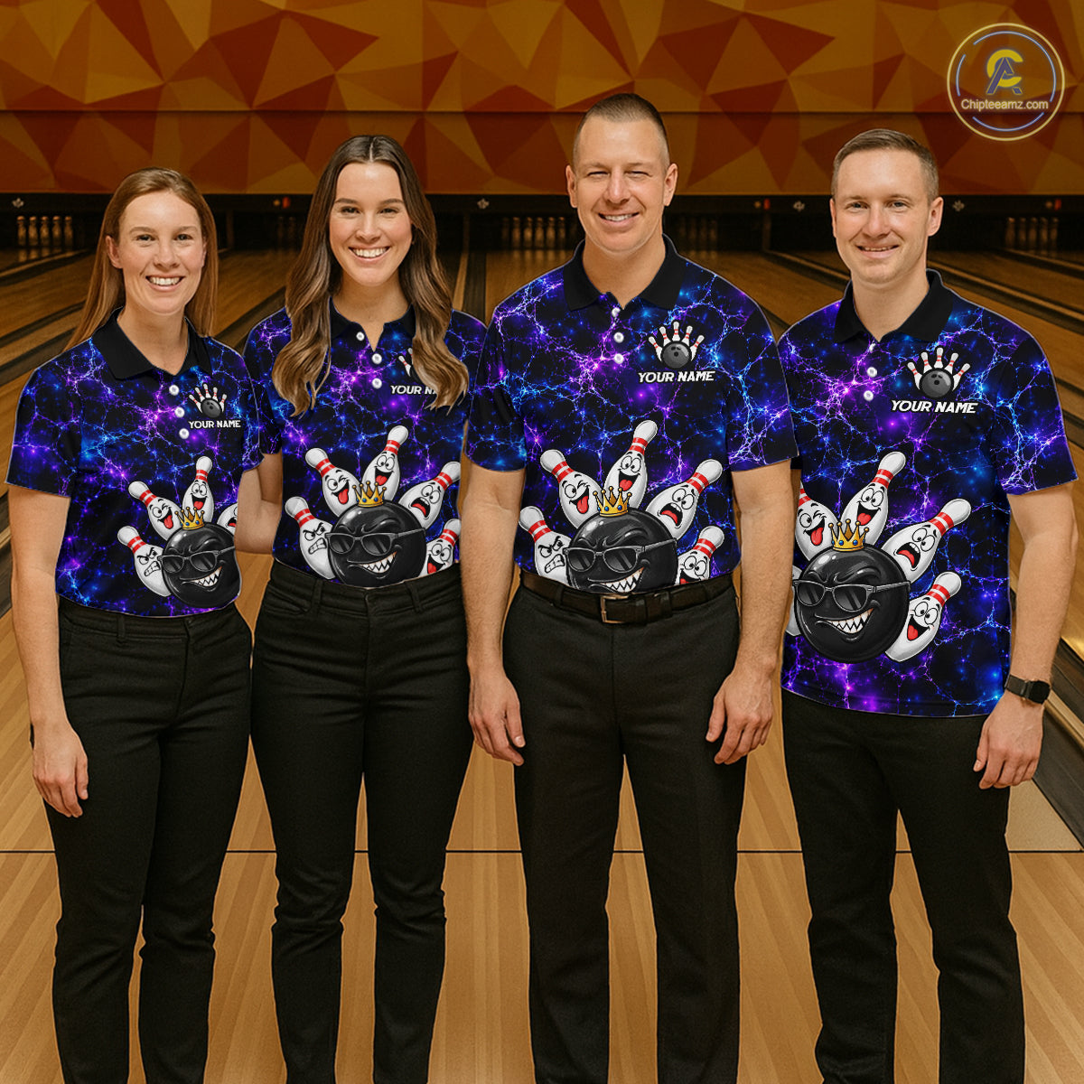 Purple Blue Funny Crown Bowling Ball and Pins Bowling Shirt, Bowling Team Shirts for Men HNT685