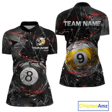 Load image into Gallery viewer, Women’s collared pool-themed quarter zip dress in black and gray tones with cracked glass artwork, custom “TEAM NAME” and “YOUR NAME” text areas, and dramatic 8-ball and 9-ball illustrations.