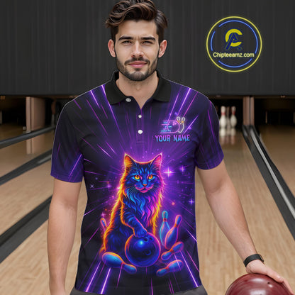 Custom Neon Cat Bowling Jersey for Men Bowling Team Shirts Bowling League Polo & 1/4 Zip HNT153