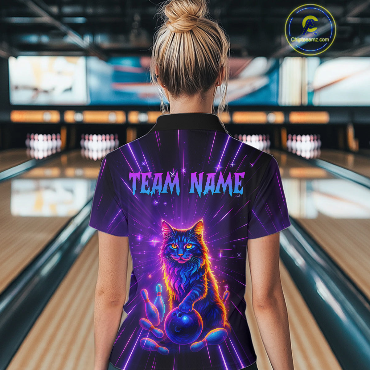Custom Neon Cat Bowling Jersey for Women Bowling Team Shirts Bowling League Polo & 1/4 Zip HNT153
