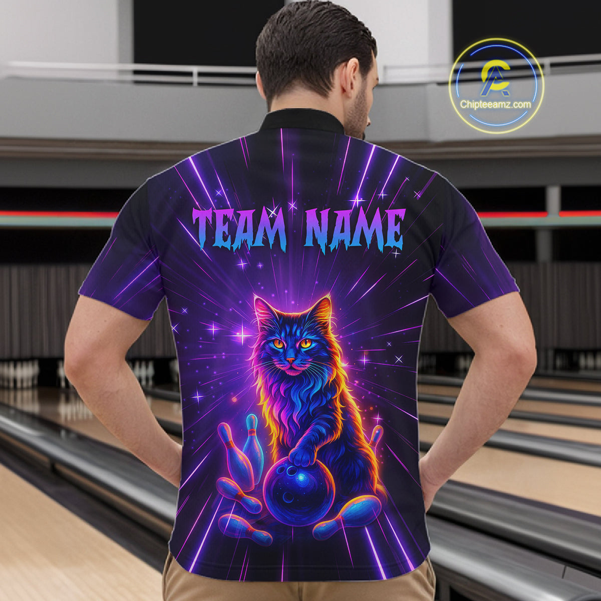 Custom Neon Cat Bowling Jersey for Men Bowling Team Shirts Bowling League Polo & 1/4 Zip HNT153