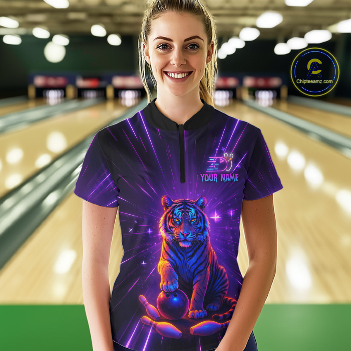 Custom Neon Tiger Bowling Jersey for Women Bowling Team Shirts Bowling League Polo & 1/4 Zip HNT154