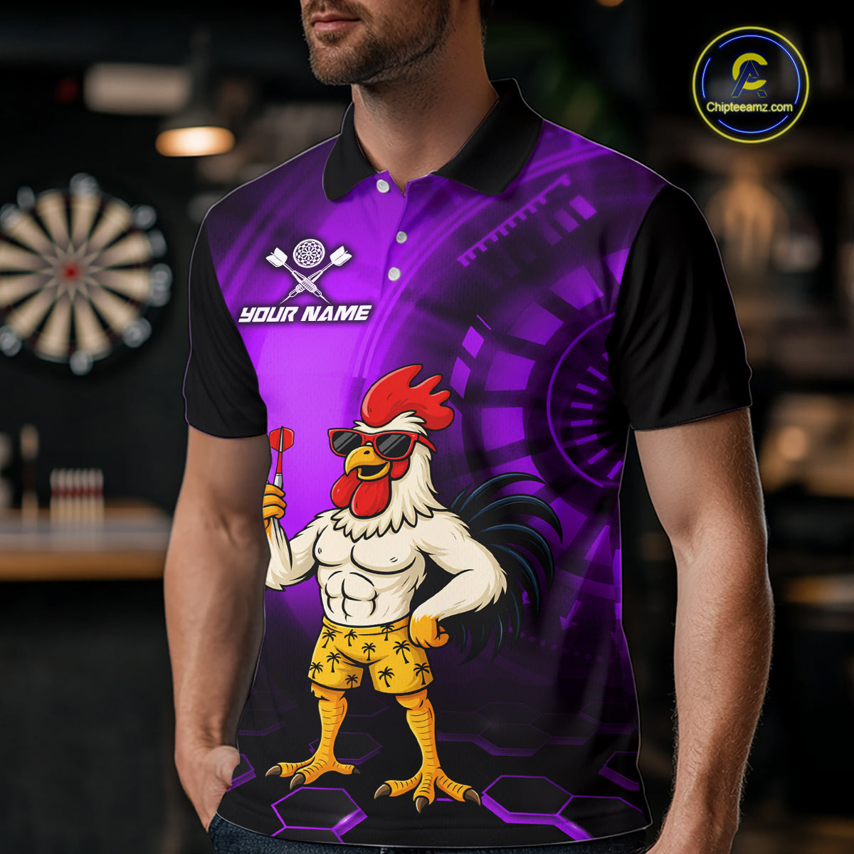 Custom Purple Funny Chicken Darts Shirt for Men Darts Team Jerseys Polo & 1/4 Zip Dart League NNT131