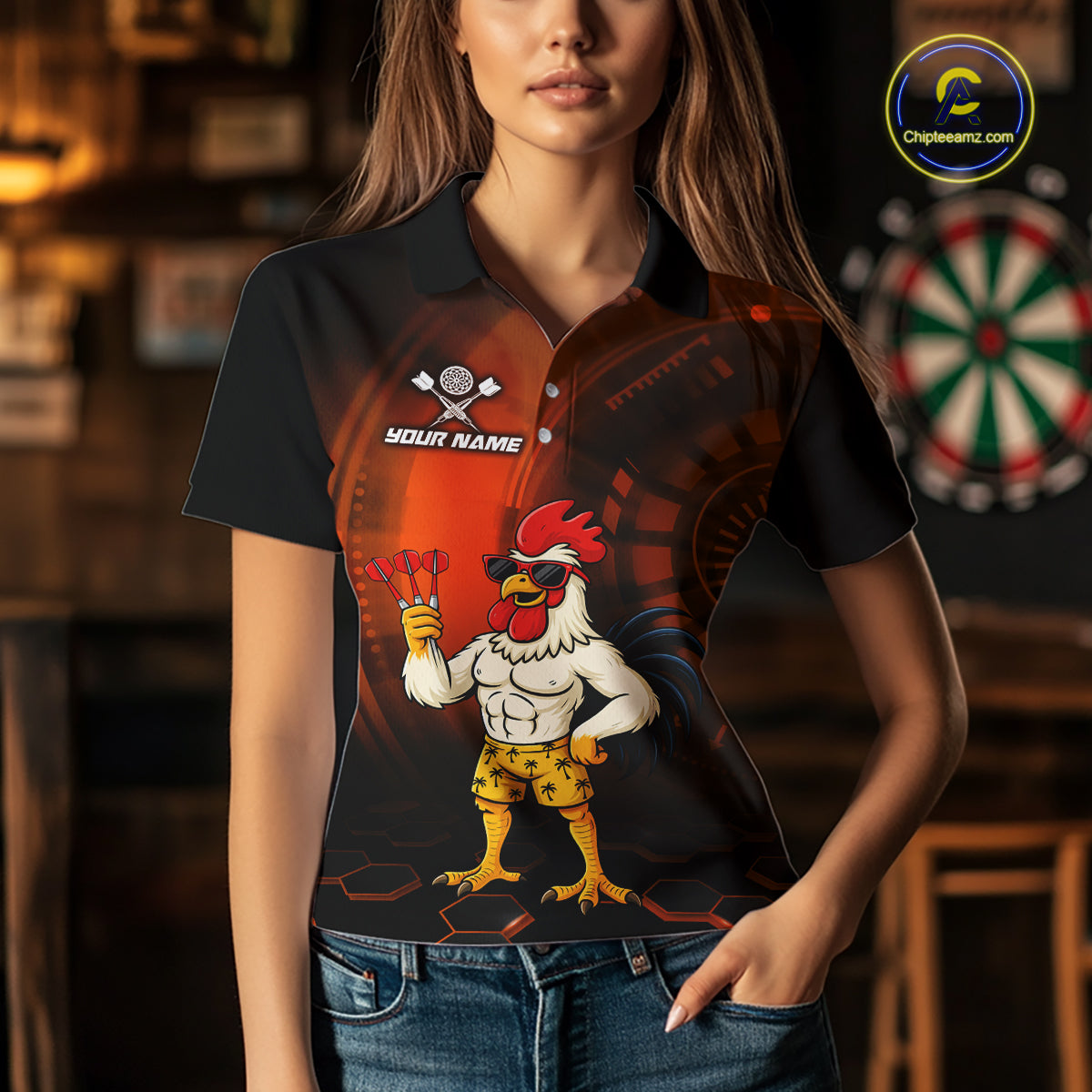Custom Orange Funny Chicken Darts Shirt for Women Darts Team Jerseys Polo & 1/4 Zip Dart League NNT131